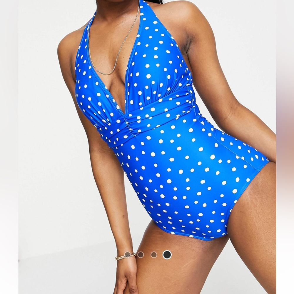 Fig leaves Tuscany tummy control halter heck swimsuit in blue & white polkadot